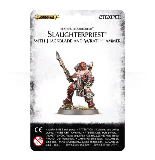 Product image of a Blades of Khorne Slaughterpriest with Hackblade and Wrath-hammer, showing the figurine on a card with game-related details.
