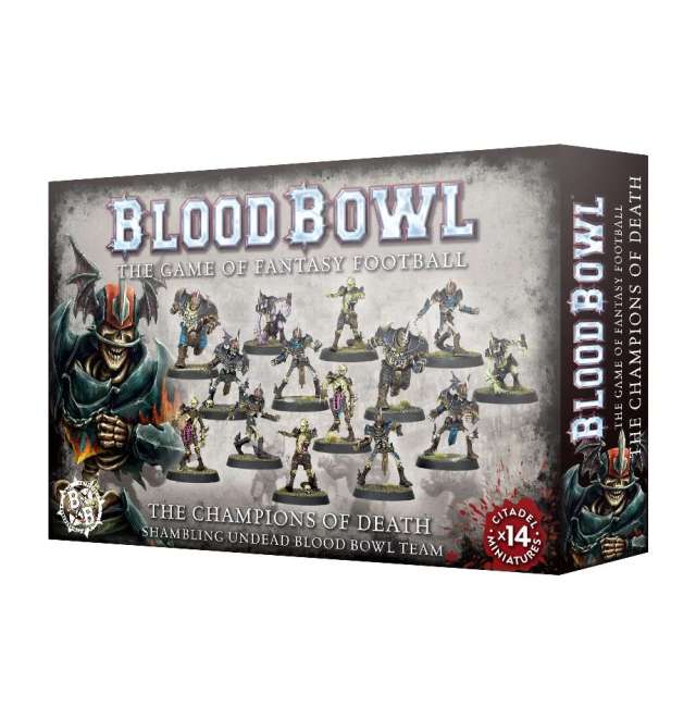Box packaging for Blood Bowl Shambling Undead Team featuring images of the players in rusted armour and the gaming accessories like mummies, wights, ghouls, zombies, and shambling undead blood bowl balls.