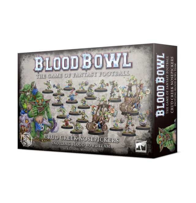 Boxed Blood Bowl game set featuring miniatures for the Snotling team, including various figures such as Snotling Fungus Flingas, Snotling Fun-Hoppas, Snotling Stilty Runnas, and Snotling Pump Wagons, along with bases and game accessories.