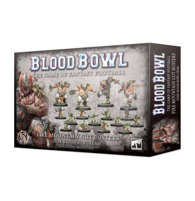 Product packaging for 'Blood Bowl Ogre Team - The Fire Mountain Gut Busters', featuring illustrations of painted miniature figures and components such as balls and bases.