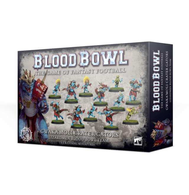 Product packaging for 'Blood Bowl Lizardmen Team - Gwaka'Moli Crater Gators', featuring miniature figures of lizard-like creatures dressed in ancient warrior attire, with paint details showing a mix of green, blue, and brown colors. The box includes the Blood Bowl game branding and indicates the Gators team.