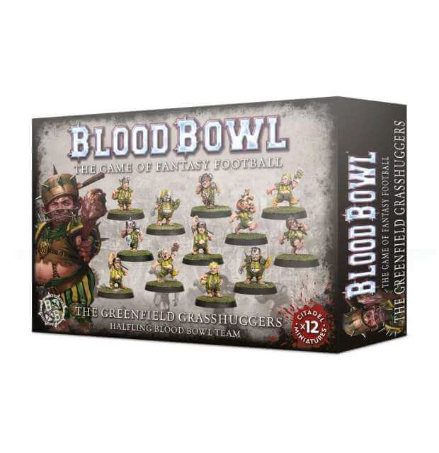 Packaging for Blood Bowl Halfling Team - The Greenfield Grasshuggers miniatures, featuring illustrations of the characters and the game's logo.