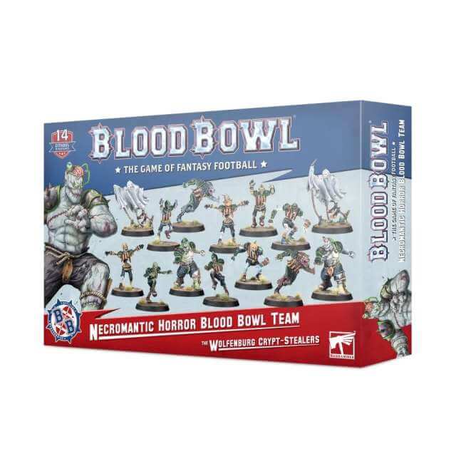 Packaging for Blood Bowl Necromantic Horror team, featuring illustrations of fantasy football players and the game's branding.