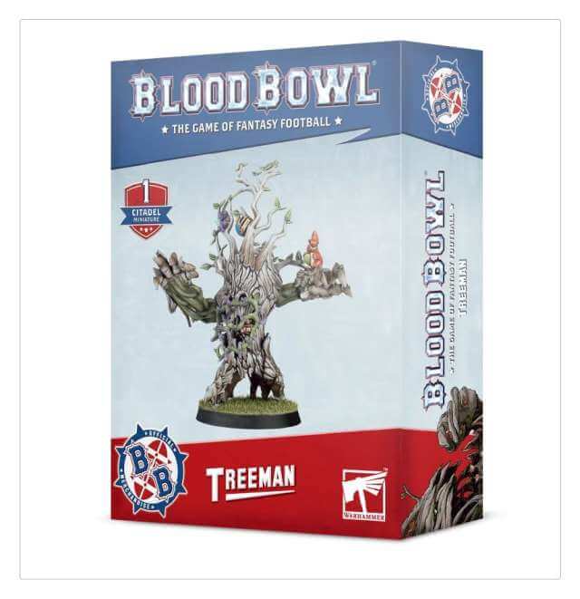 Packaging for Blood Bowl Treeman board game miniature, featuring a plastic model of a fantasy tree creature on a 40mm round base, with game-related branding and logos.
