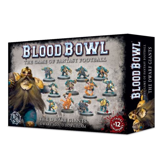 A box of Blood Bowl Dwarf Team miniatures featuring various dwarf characters in different poses, with the text 'The Dwarf Giants' and 'The Game of Fantasy Football'. The box is predominantly black with images of the miniatures and decorative elements in colors such as gold, gray, and white.