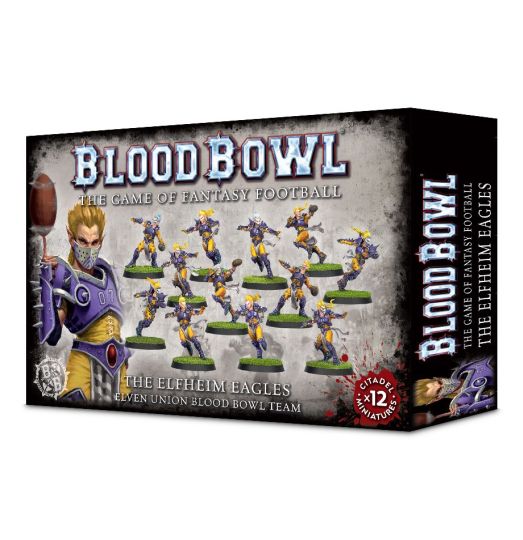 Packaging for Blood Bowl Elven Union Team - Elfheim Eagles, featuring illustrations of the elf-themed miniature characters with a fantasy football theme.
