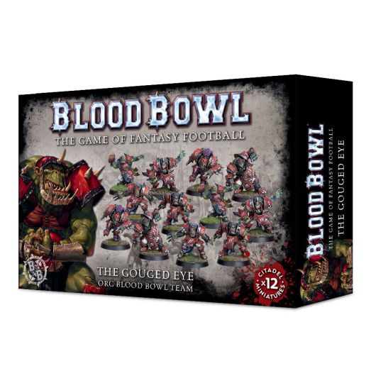 A box of Blood Bowl Orc Team miniatures, labeled 'The Gouged Eye', featuring illustrations of painted Orc players and a decal sheet, with the Blood Bowl logo and game information.