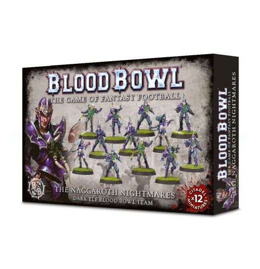 Product packaging for 'Blood Bowl Dark Elf Team - The Naggaroth Nightmares' featuring illustrations of fantasy football players inELF attire, with spike armor and shoulderCold Ones hides.