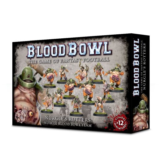 Product packaging for Blood Bowl Nurgle Team, featuring miniature figures of putrid-looking football players with warts and claws, arranged on a box cover with the game's name and the name of the team 'Nurgle's Rotters'.