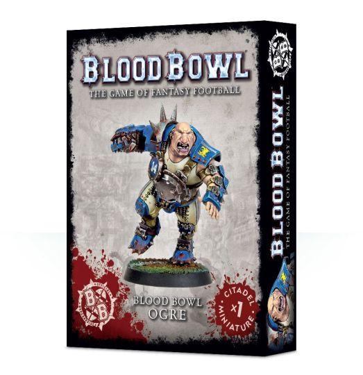Product packaging for Blood Bowl Ogre miniature, featuring the character in a怒吼 pose with a ball at his feet, set against a dark themed box with 'Blood Bowl' branding.