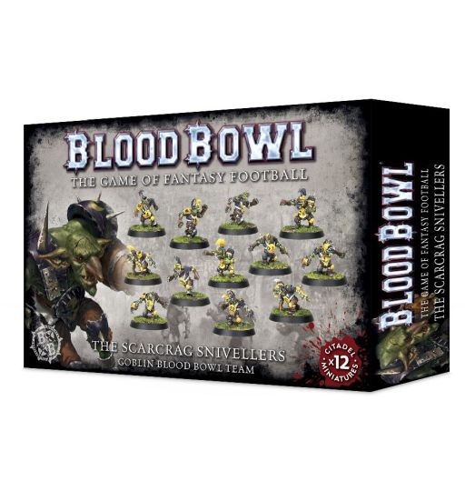 A box of Blood Bowl Goblin Team miniatures featuring various Goblin characters and accessories for the game.