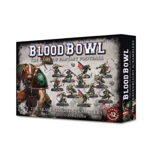 Box packaging for Blood Bowl Skaven Team, featuring illustrations of the Skavenblight Scramblers miniatures with accompanying text and branding.