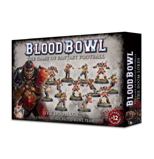 The product image shows the packaging for 'Blood Bowl Chaos Chosen Team - The Doom Lords'. The box features illustrations of the characters from the game, including a dark elf and a creature with multiple arms, as well as the text detailing the game and the team name.