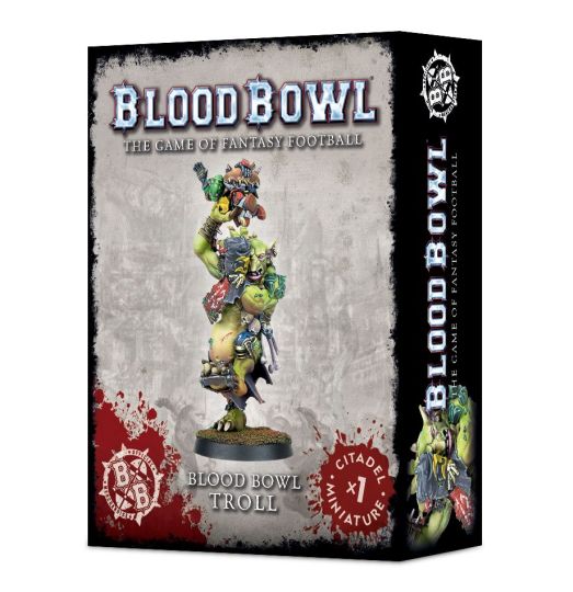 Product packaging for Blood Bowl Troll, featuring astatue kit for assembling a fantasy football player, with a focus on a troll character wearing a helmet.