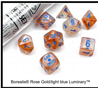 A close up of the Cheesex Borealis Rose Gold with Light Blue Luminary dice set.
