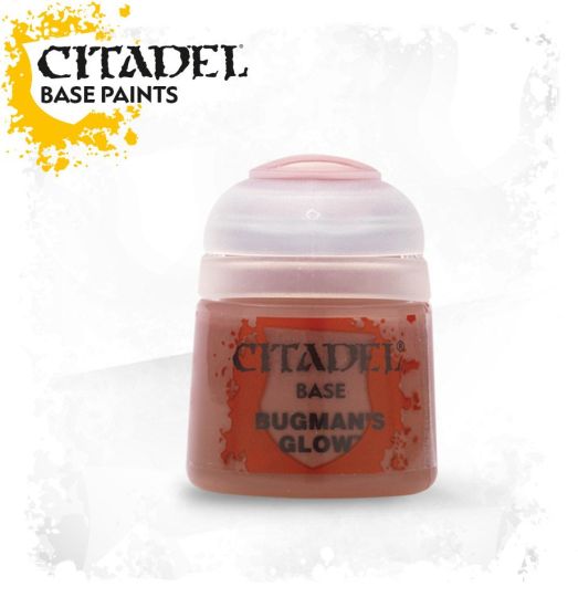 A pot of Citadel Base paints in the shade 'Bugman's Glow', designed for use on plastic, metal, and resin Citadel miniatures.