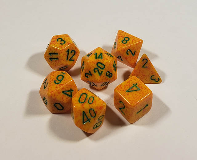 A close up of the Chessex specked Lotus polyhedral dice set.