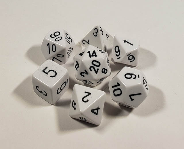 A close up of the Chessex Opaque White polyhedral dice set.