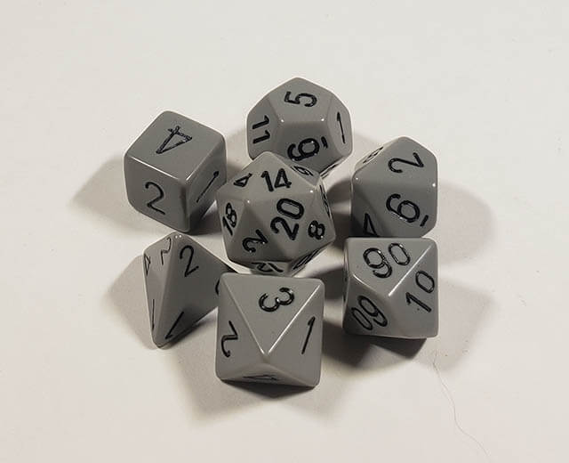 A close up of the Chessex Opaque Grey with white polyhedral dice set.