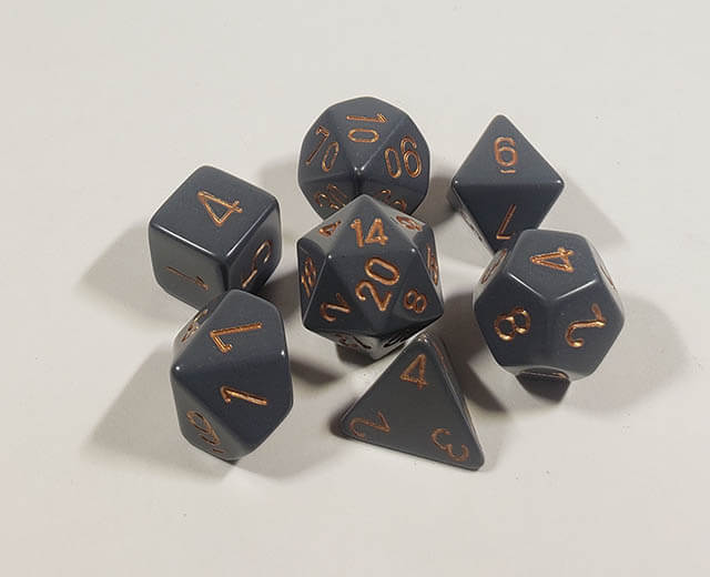 A close up of the Chessex Opaque Dark Grey with Copper polyhedral dice set.
