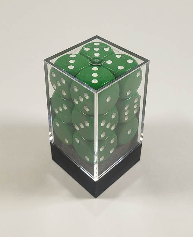 A close up of the Chessex Opaque Green with white 16mm d6 dice set in its package.