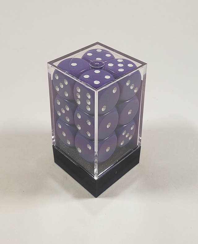 A close up of the Chessex Opaque Purple with White 16mm d6 dice set in its package.