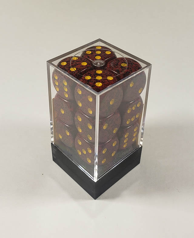 A close up of the Chessex specked mercury 16mm d6 dice set in its package.