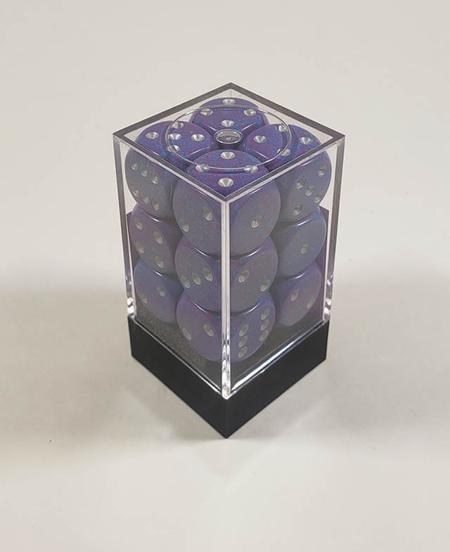 A close up of the Chessex specked Silver Tetra 16mm d6 dice set in its package.