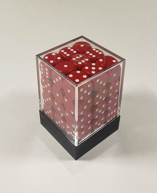 A close up of the Chessex Opaque Red with White 12mm d6 dice set in its package.