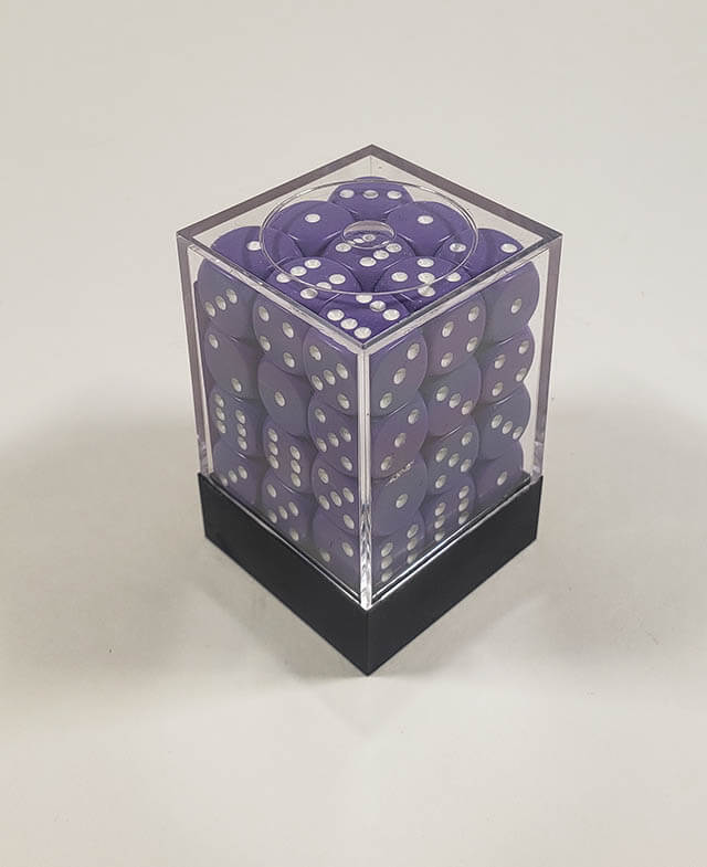 A close up of the Chessex Opaque Purple with White 12mm d6 dice set in its package.