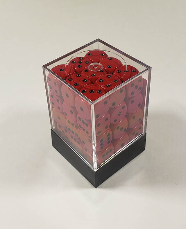 A close up of the Chessex Opaque Red with Black 12mm d6 dice set in its package.