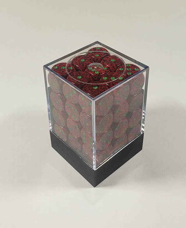 A close up of the Chessex specked strawberry 12mm d6 dice set in its package.