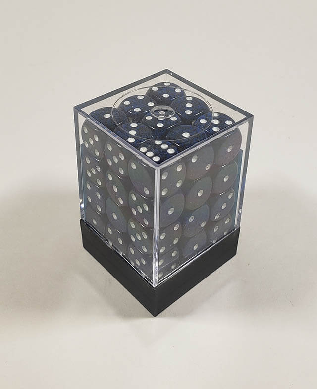 A close up of the Chessex specked stealth 12mm d6 dice set in its package.