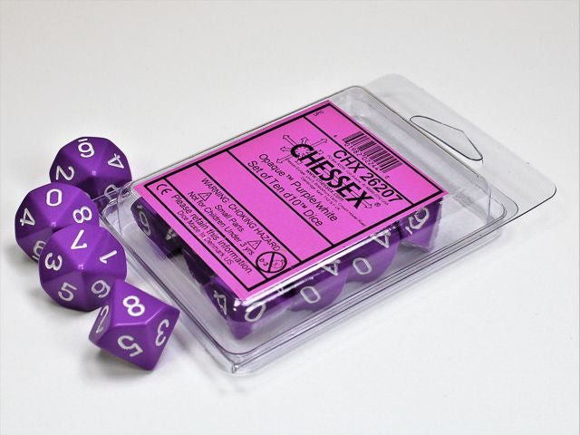 A close up of the Chessex Opaque Purple with White 10 d10 dice set and it's packaging.
