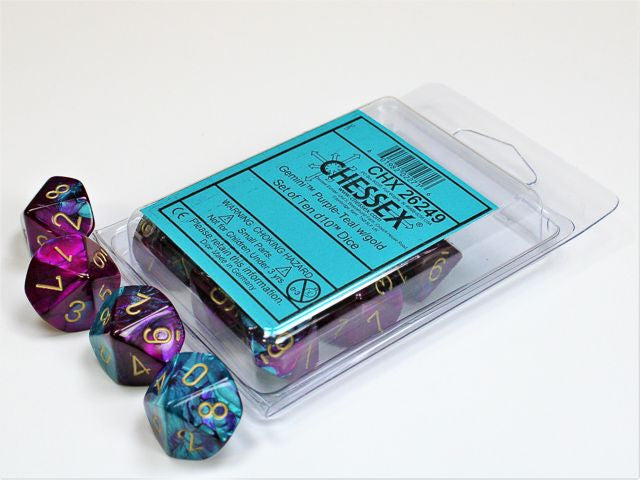 A close up of the Chessex Gemini Purple-Teal with gold 10 d10 dice set and it's packaging.