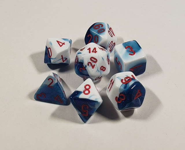 Gemini Astral Blue-White with Red Polyhedral Set