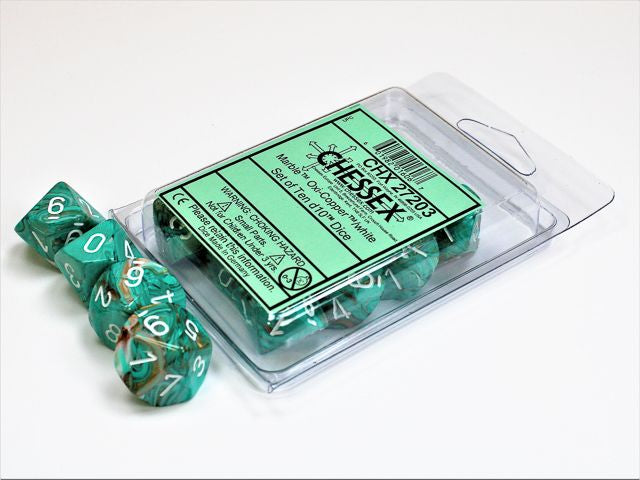 A close up of the Chessex Marble Oxi-Copper with White 10 d10 dice set and it's packaging.
