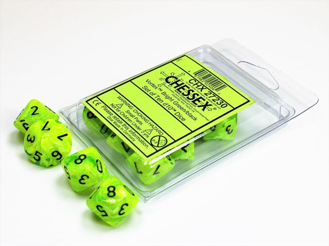 A close up of the Chessex Vortex Bright Green with Black 10 d10 dice set and it's packaging.