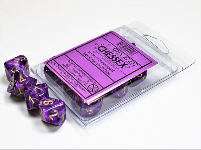 A close up of the Chessex Vortex Purple with Gold 10 d10 dice set and it's packaging.