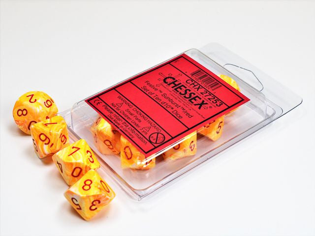 A close up of the Chessex Festive Sunburst with red 10 d10 dice set and it's packaging.