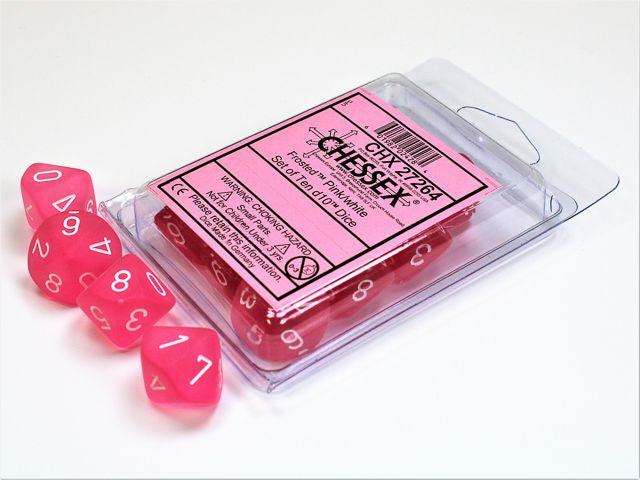 A close up of the Chessex Frosted Pink with white 10 d10 dice set and it's packaging.