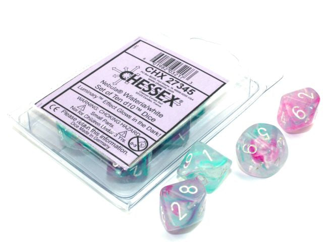 A close up of the Chessex Nebula wisteria with white 10 d10 dice set and it's packaging.