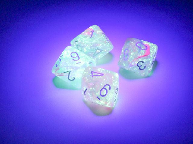 A close up of the Chessex Nebula Wisteria with white 10 d10 dice set under a blacklight