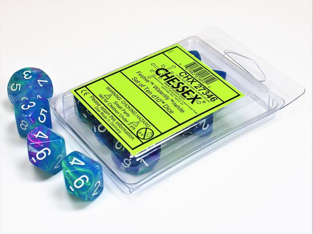A close up of the Chessex Festive waterlily with white 10 d10 dice set and it's packaging.