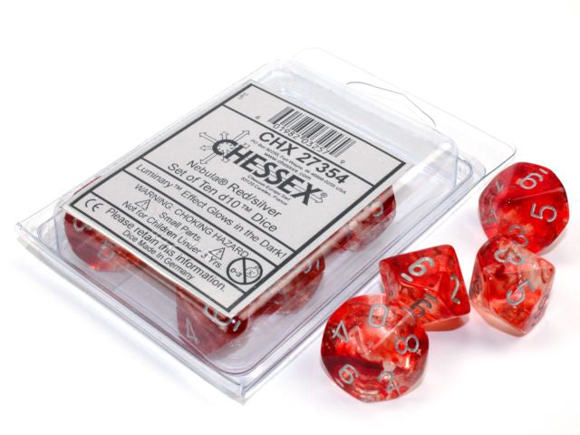 A close up of the Chessex Nebula red with silver d10 set and its' packaging.