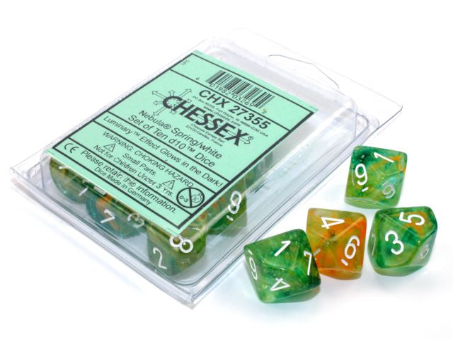 A close up of the Chessex Nebula Spring with white 10 d10 set and its' packaging. 