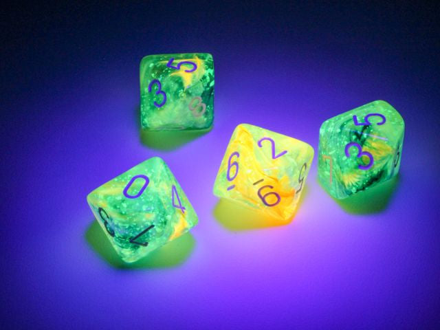 A close up of the Chessex Nebula Spring with white d10s under a blacklight.
