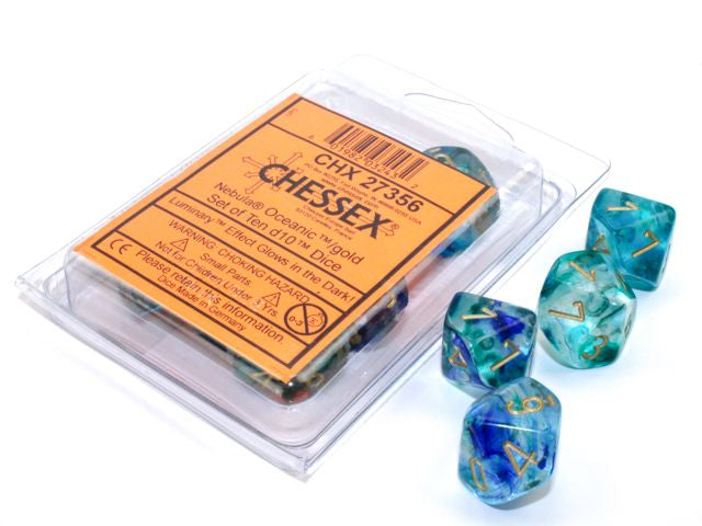 A close up of the Chessex Nebula Oceanic with gold 10 d10 dice set and it's packaging.