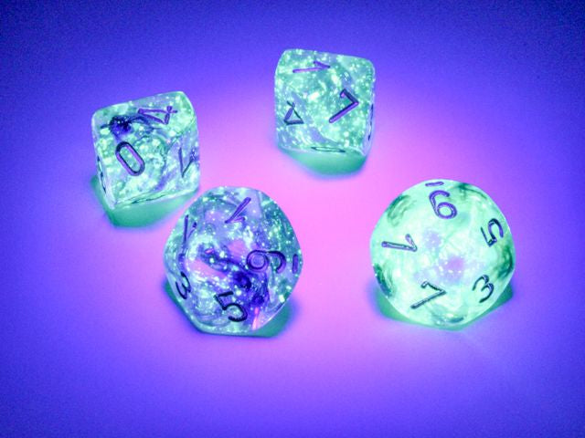 A close up of  examples from the Chessex Nebula Oceanic with gold 10 d10 dice set under a blacklight.