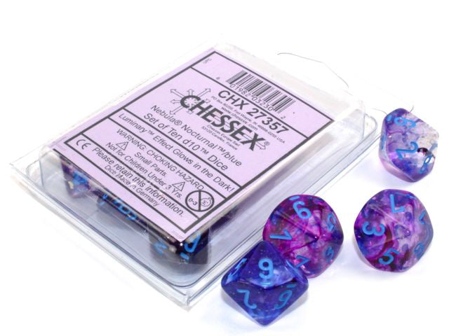 A close up of the Chessex Nebula Nocturnal with blue 10 d10 die set along with it's package.